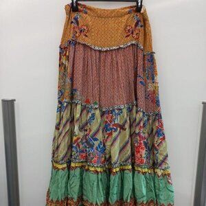 Anthropologie Boho Cotton layered maxi Skirt, multi color and prints size 14